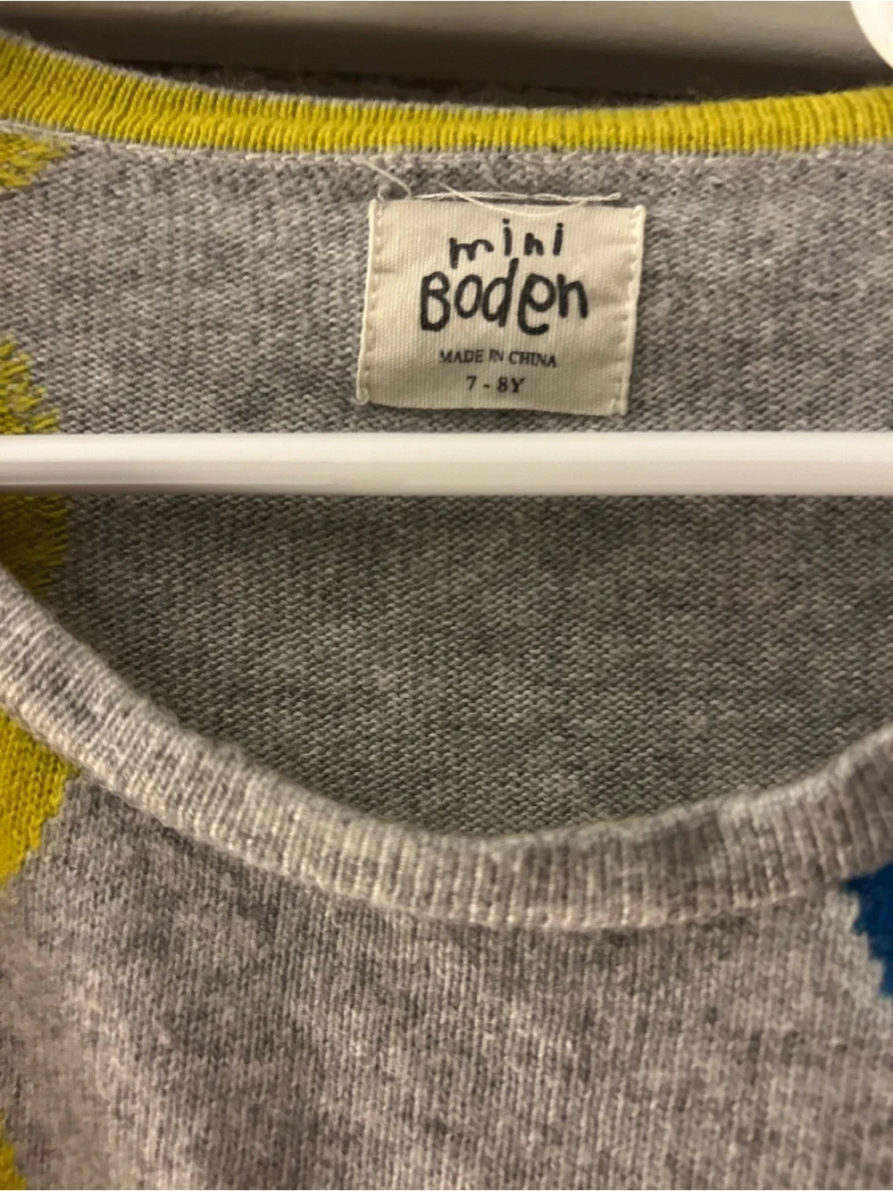 Mini Boden Grey Knit Dress with Pink, Red, Yellow & Blue Scallops